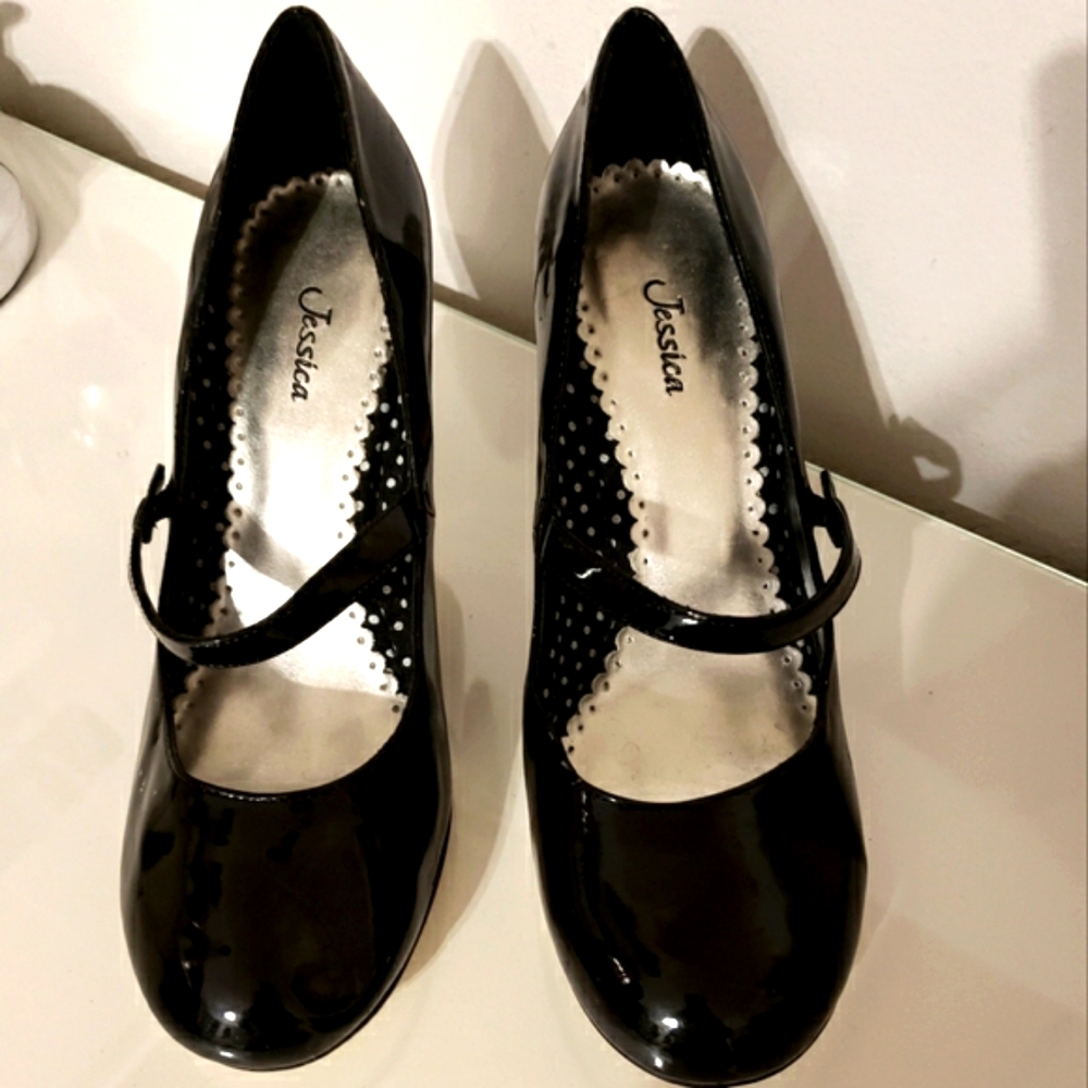 Jessica Mary Jane Shiny Black Faux Patent Leather Kitten Heels Woman Size 9 - Picture 2 of 8